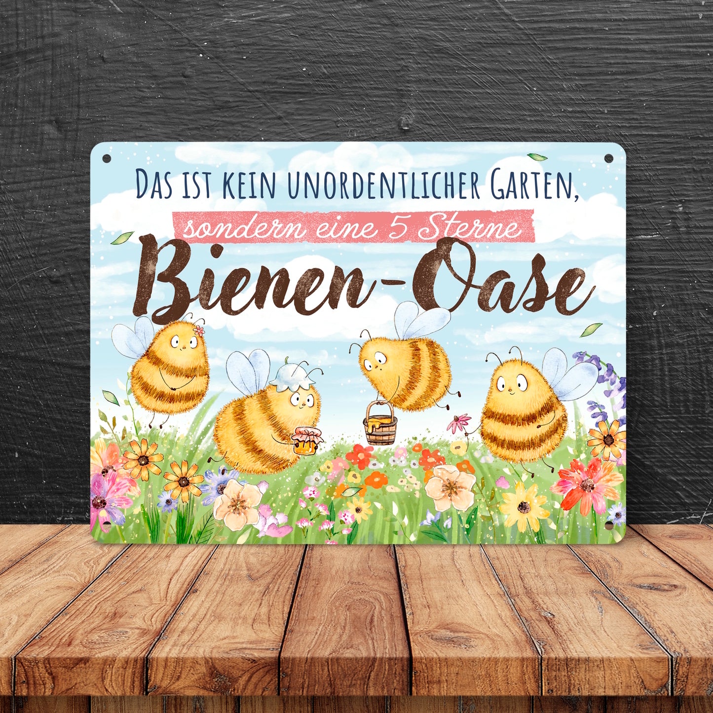 Pummel Biene Metallschild XL in 21x28 cm mit Spruch Bienen-Oase statt unordentlicher Garten