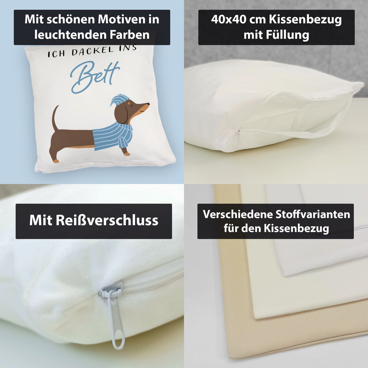 Dackel mit Pyjama Kuschelkissen mit Spruch Ich dackel ins Bett