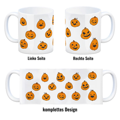 Kaffeebecher im Halloween Design - mit vielen lustigen geschnitzten Kürbisköpfen