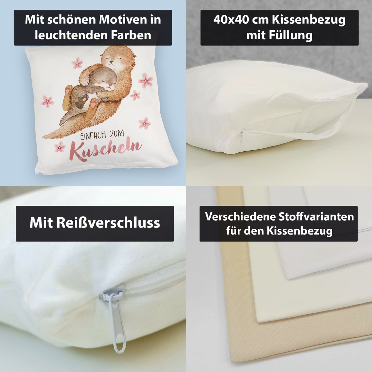 Otter Baby und Mutter Kuschelkissen mit Spruch Einfach zum Kuscheln