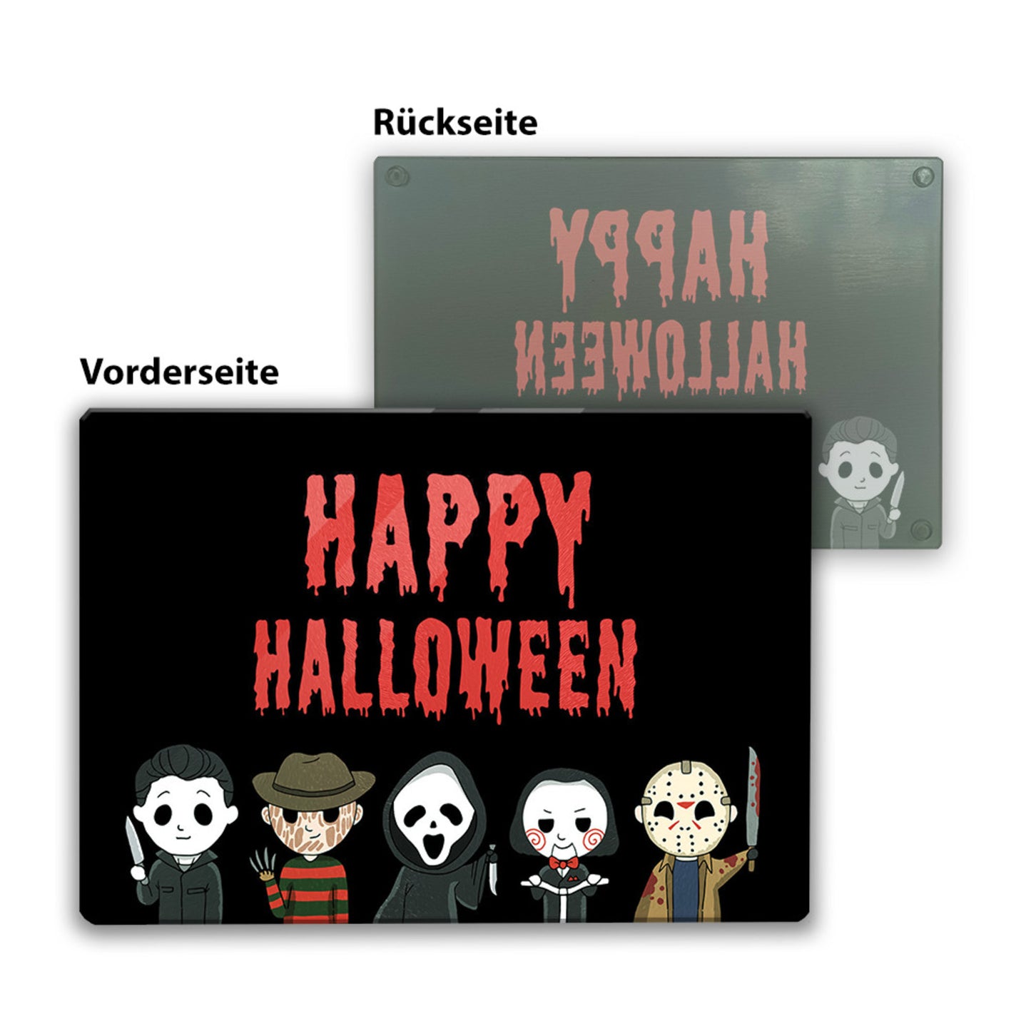 Happy Halloween Schneidebrett aus Glas mit Serienkiller Motiv