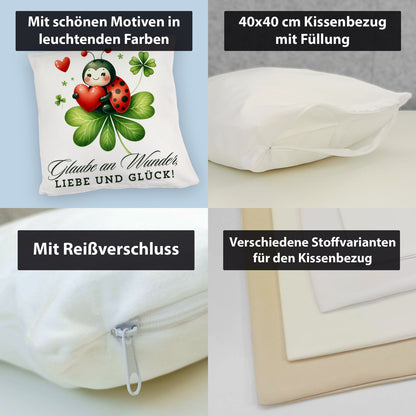 Marienkäfer Kuschelkissen mit Spruch Glaube an Wunder, Liebe und Glück!