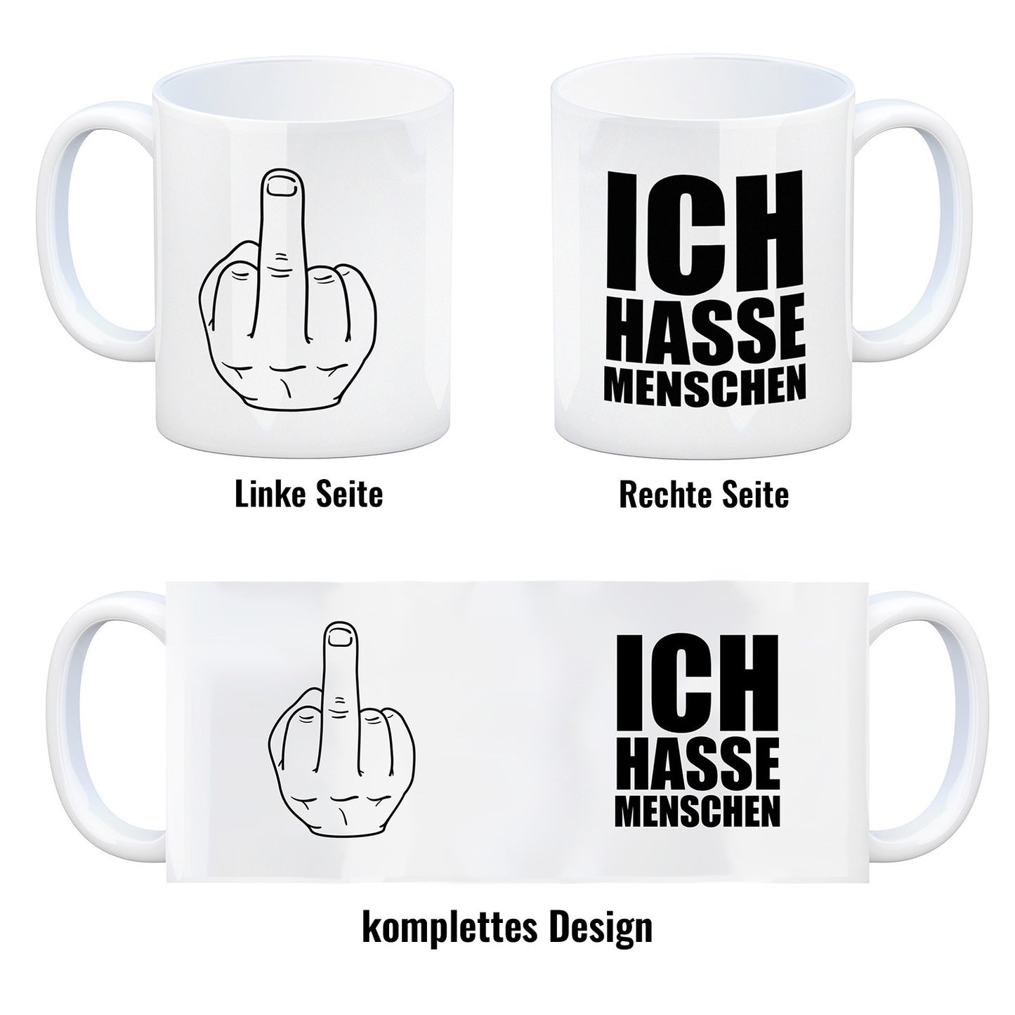 Kaffeebecher mit Mittelfinger Motiv und Spruch: Ich hasse Menschen