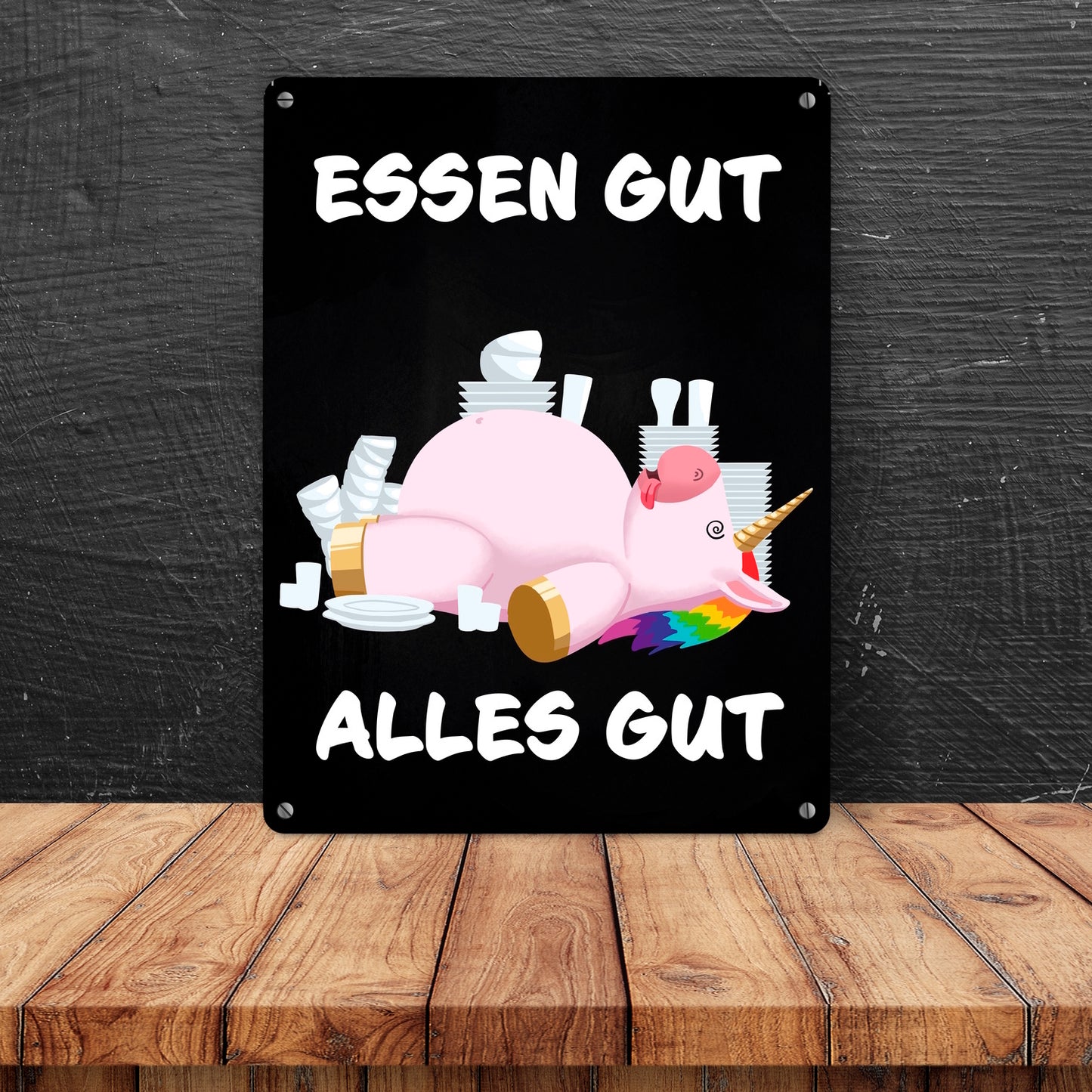 Essen gut alles gut witziges Metallschild XL in 21x28 cm mit dickem Einhorn