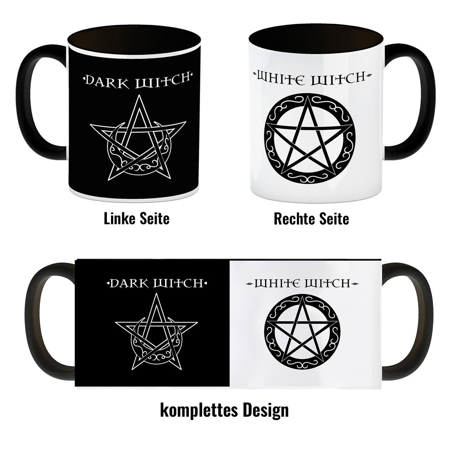 Kaffeebecher Schwarz mit magischen Pentagrammen und Spruch - White Witch - Dark Witch