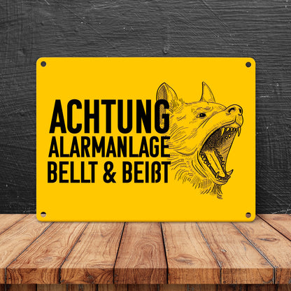 Achtung Alarmanlage bellt und beißt Metallschild in 15x20 cm mit Hunde Motiv