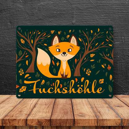 Metallschild in 15x20 cm mit niedlichem Fuchs im Wald und Herbst Motiven - Fuchshöhle