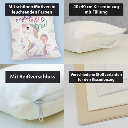 Einhorn Kuschelkissen mit Spruch Magisch wild und frei