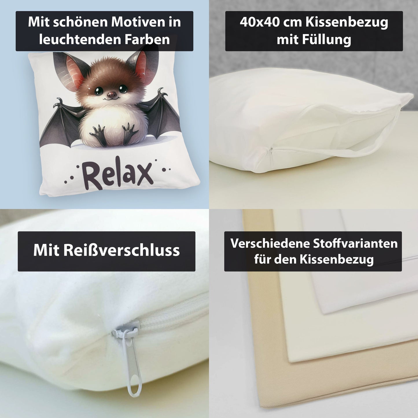 Baby Fledermaus Kuschelkissen mit Spruch Relax