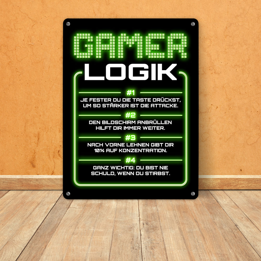 Gamer Logik Metallschild XL in 21x28 cm in grün