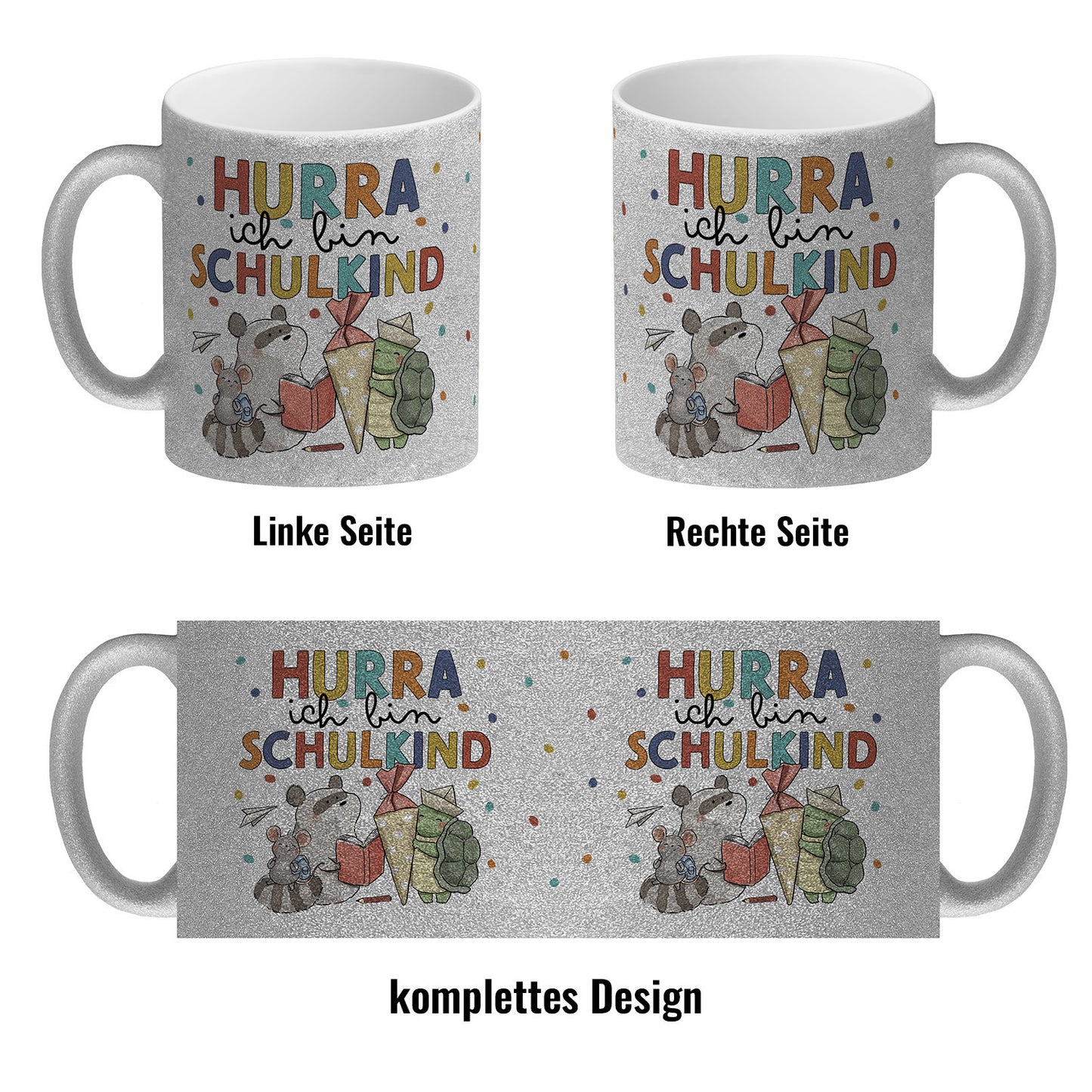 Tiere zur Einschulung Glitzer-Kaffeebecher mit Spruch Hurra ich bin Schulkind