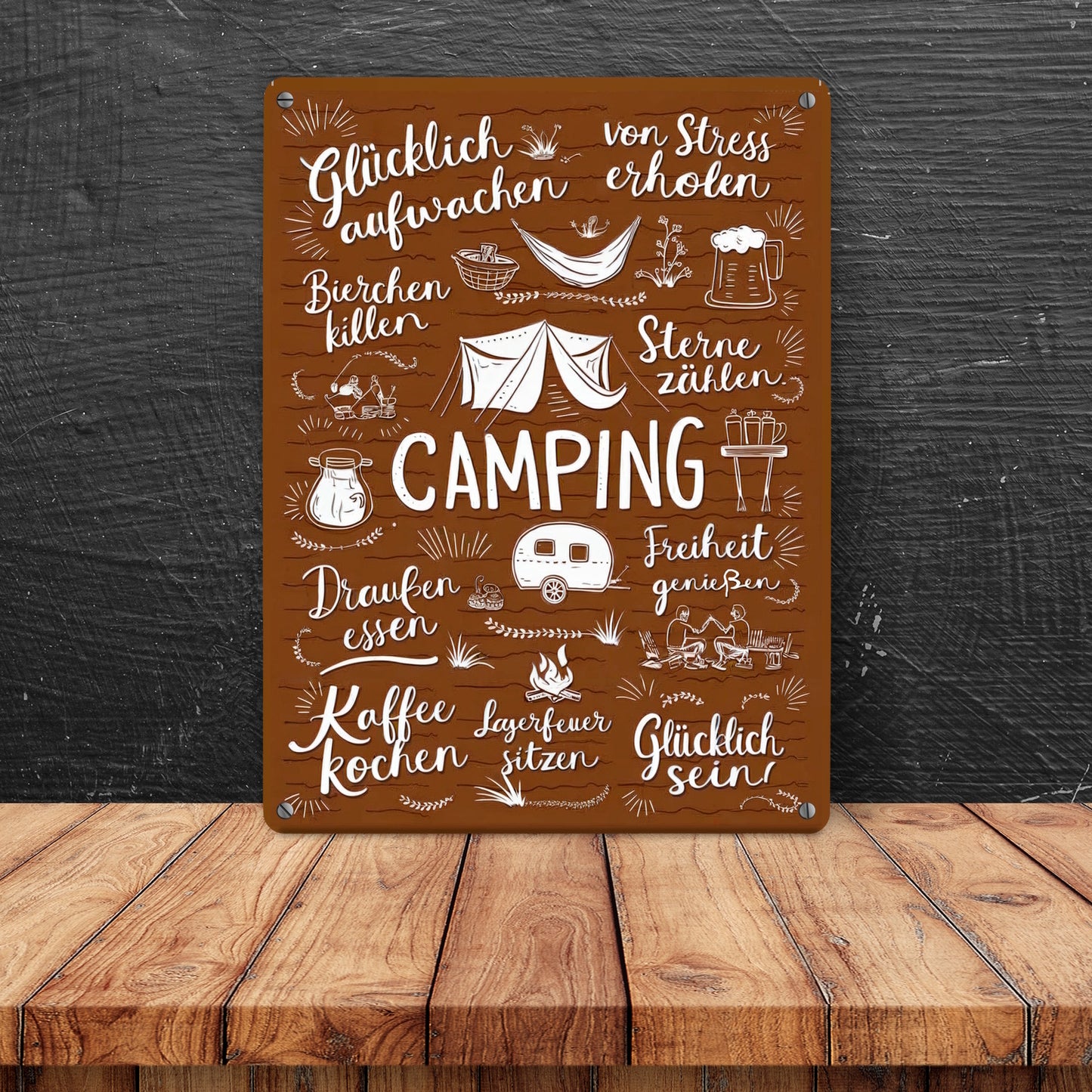 Camping Metallschild XL in 21x28 cm mit Spruch Glücklich sein, Freiheit genießen, Sterne zählen