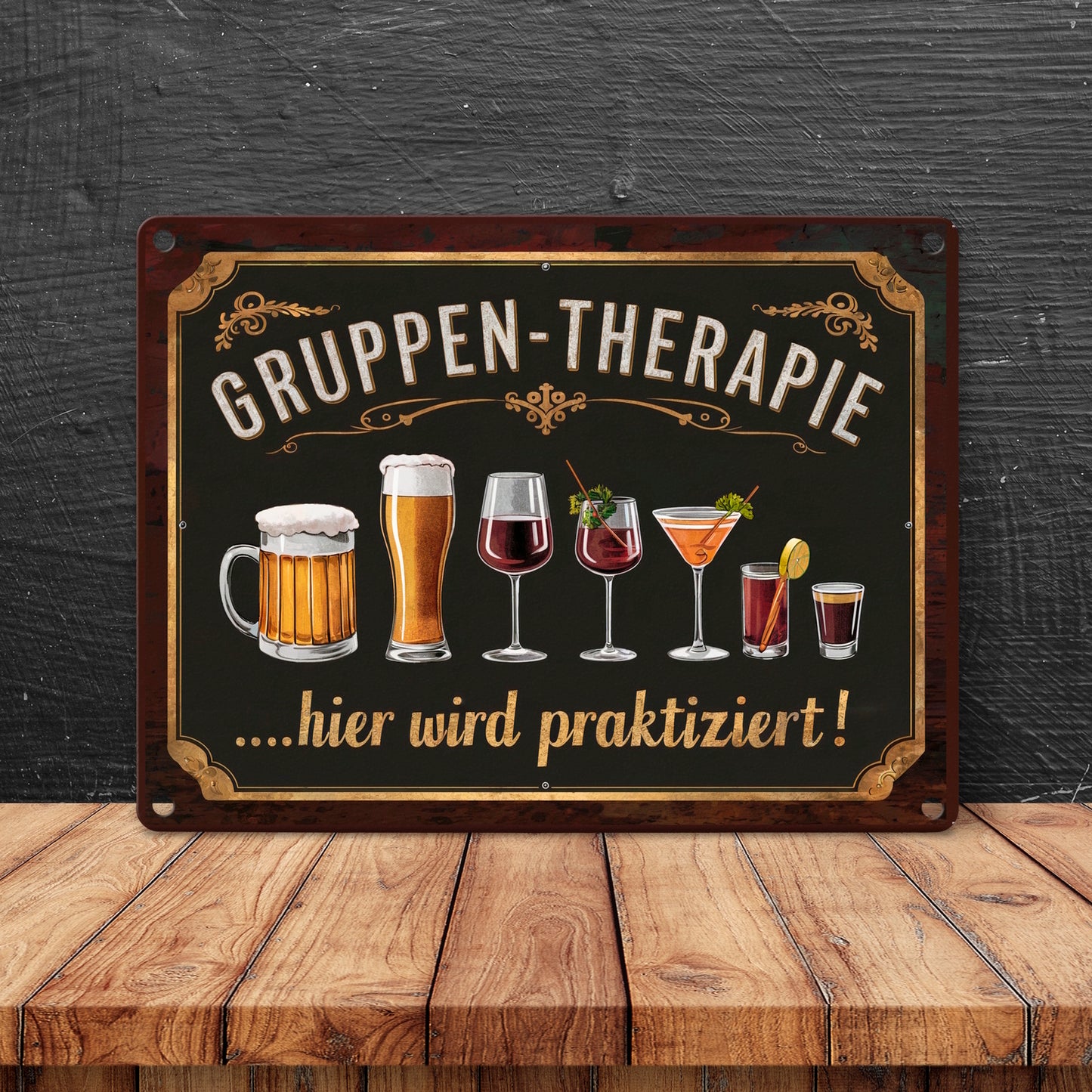 Gruppen-Therapie Alkohol Metallschild in 15x20 cm - Hier praktiziert