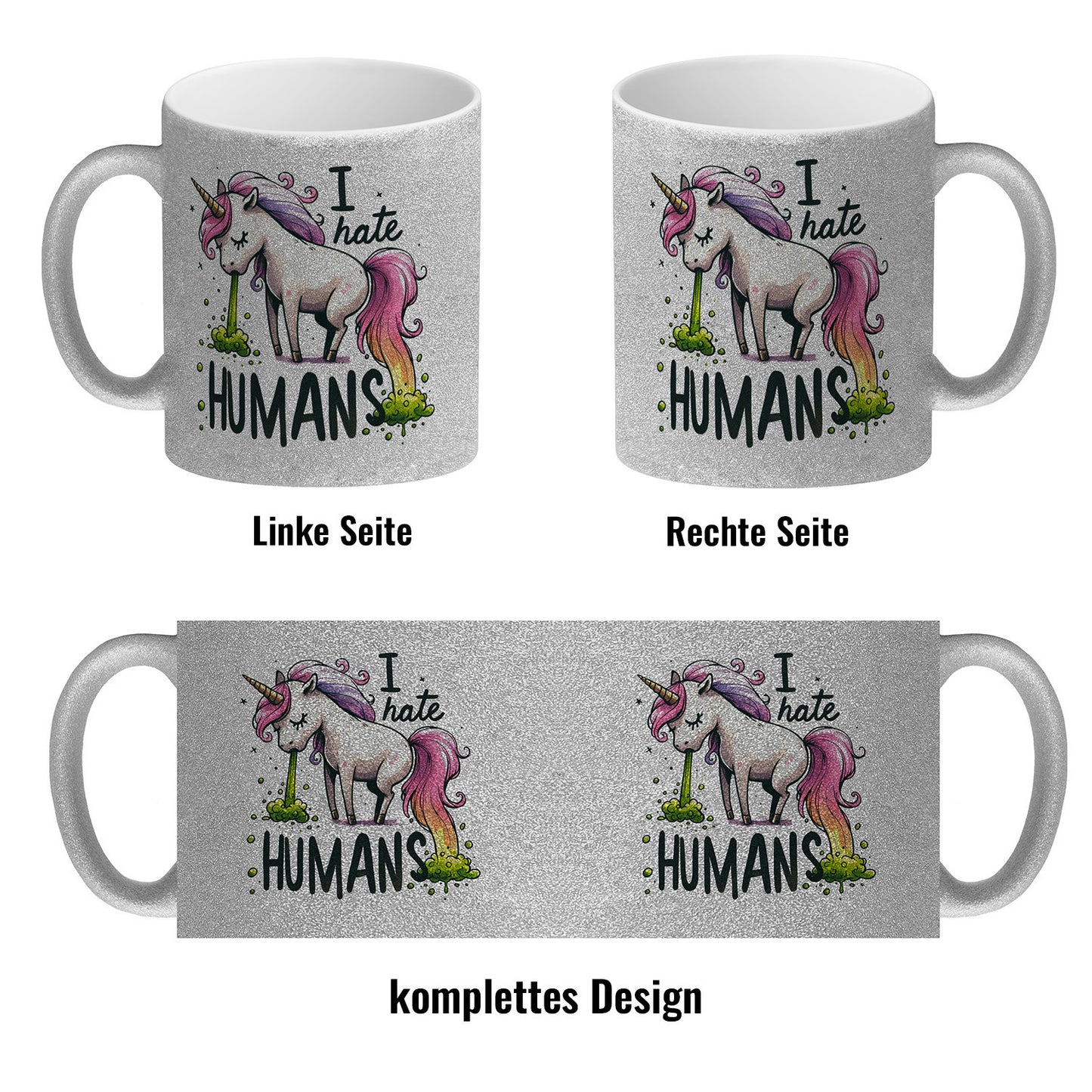 Kotzendes Einhorn Glitzer-Kaffeebecher mit Spruch I hate Humans