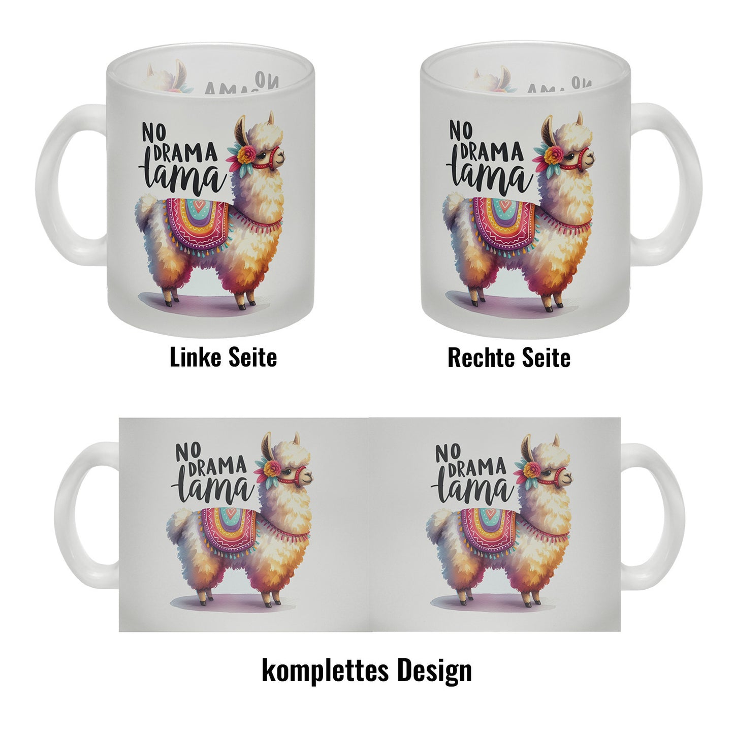 Alpaka mit bunter Satteldecke Glas Tasse mit Spruch No Drama Lama