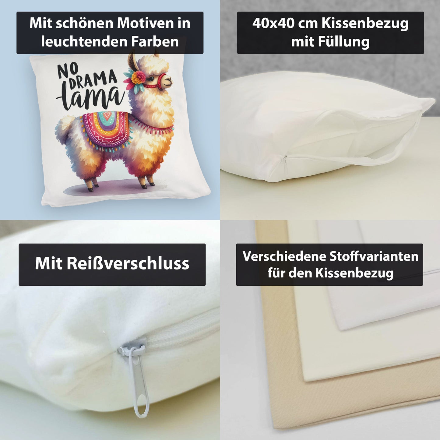 Alpaka mit bunter Satteldecke Kuschelkissen mit Spruch No Drama Lama