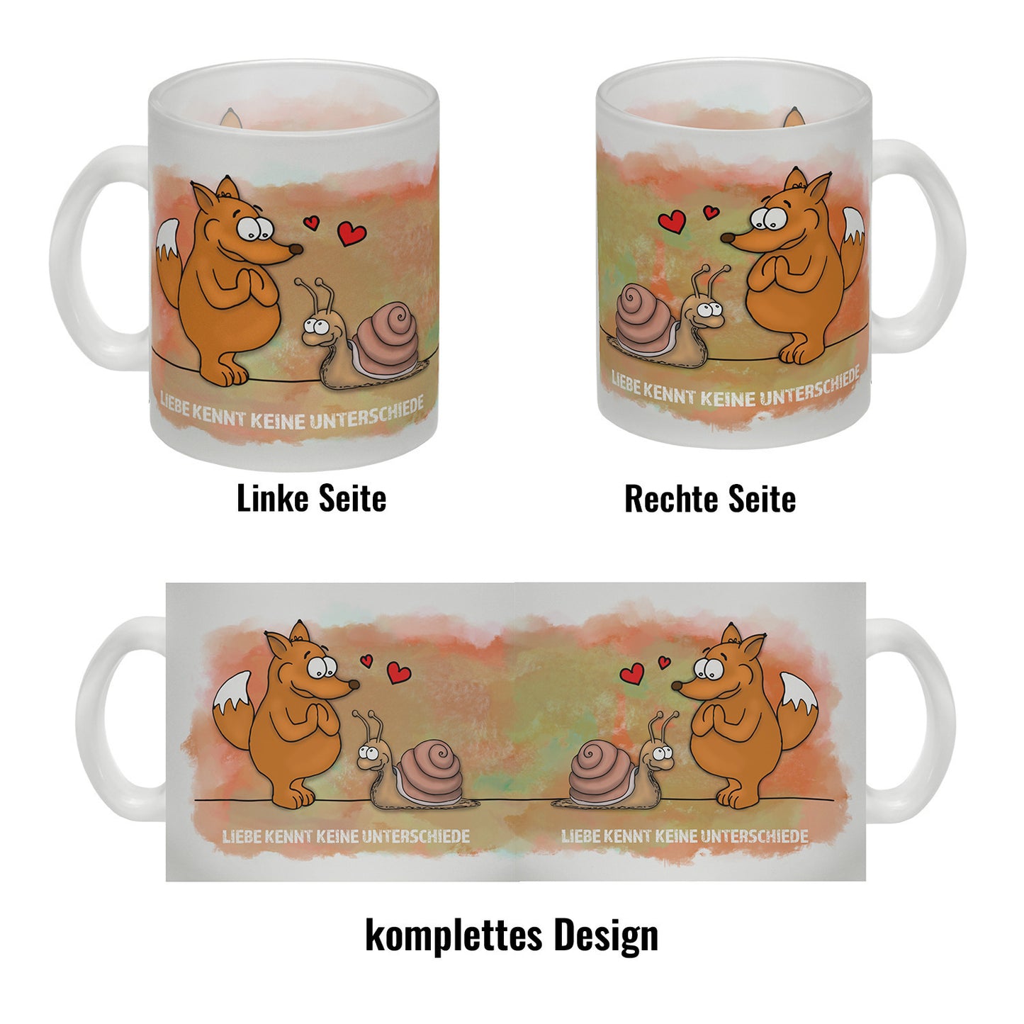 Liebe kennt keine Unterschiede Glas Tasse mit Fuchs und Schnecke Motiv