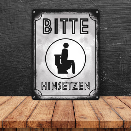 Bitte hinsetzen Metallschild XL in 21x28 cm für Badezimmer oder WC