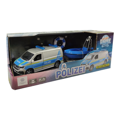 Volkswagen VW Polizei-Van mit Boot und Anhänger Spielzeug Polizeiauto mit Pull Back Motor