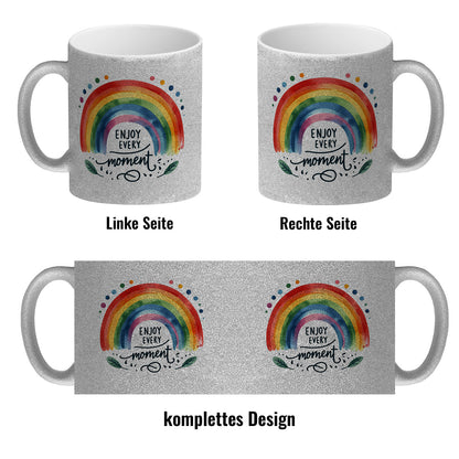 Regenbogen Glitzer-Kaffeebecher mit Spruch Enjoy every moment