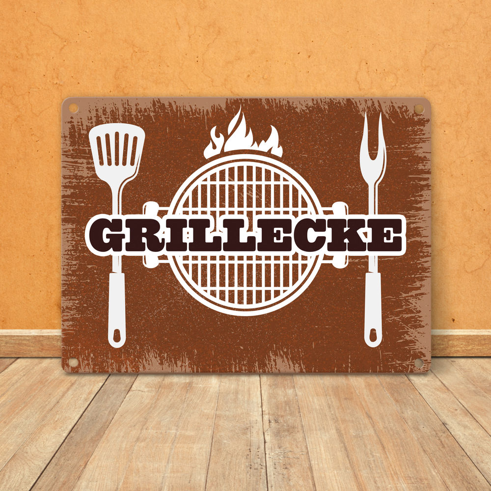 Grillecke Metallschild mit coolem Grillmotiv auf rostbraunem Hintergrund