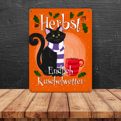 Herbst - Endlich Kuschelwetter Metallschild in 15x20 cm mit schwarzer Katze