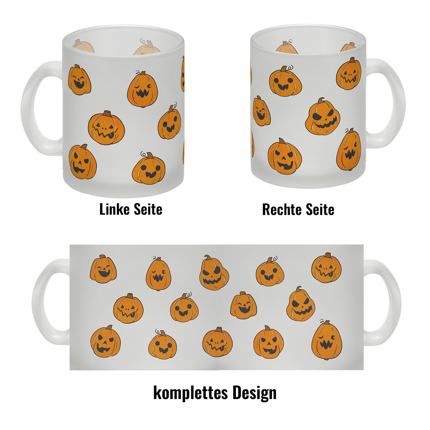 Glas Tasse im Halloween Design - mit vielen lustigen geschnitzten Kürbisköpfen