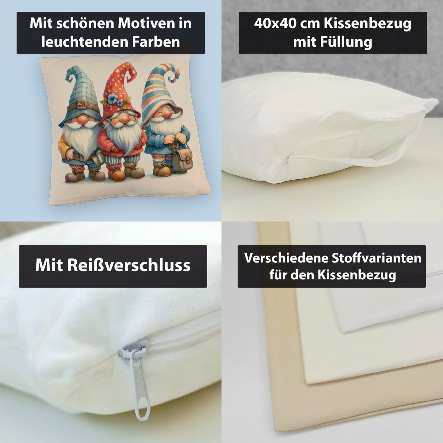 Kobolde mit bunten Mützen Kissen mit Leinenoptik