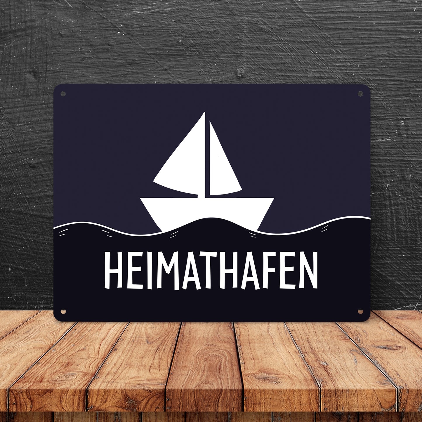 Heimathafen Metallschild mit Schiff und Meeresmotiv