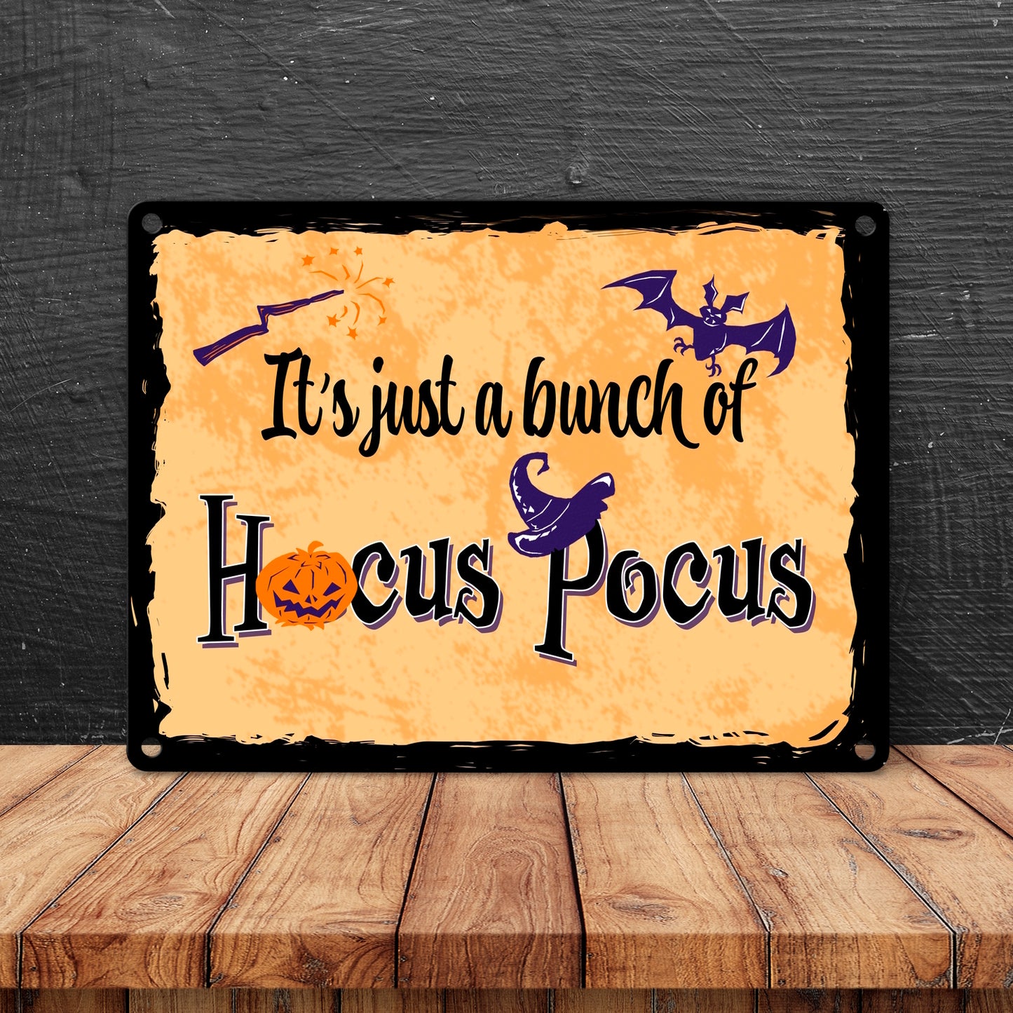 Metallschild in 15x20 cm mit Halloween Motiv und Spruch - It's just a bunch of Hocus Pocus -