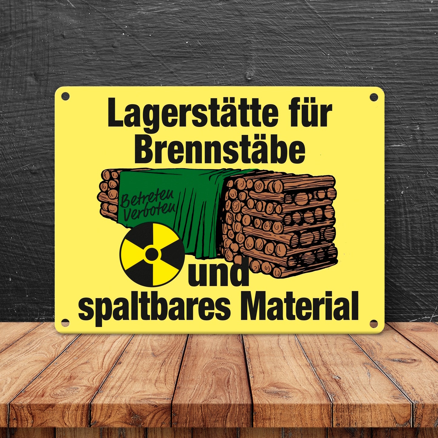 Lagerstätte für Brennstäbe - Brennholzlager Metallschild in 15x20 cm in Gelb