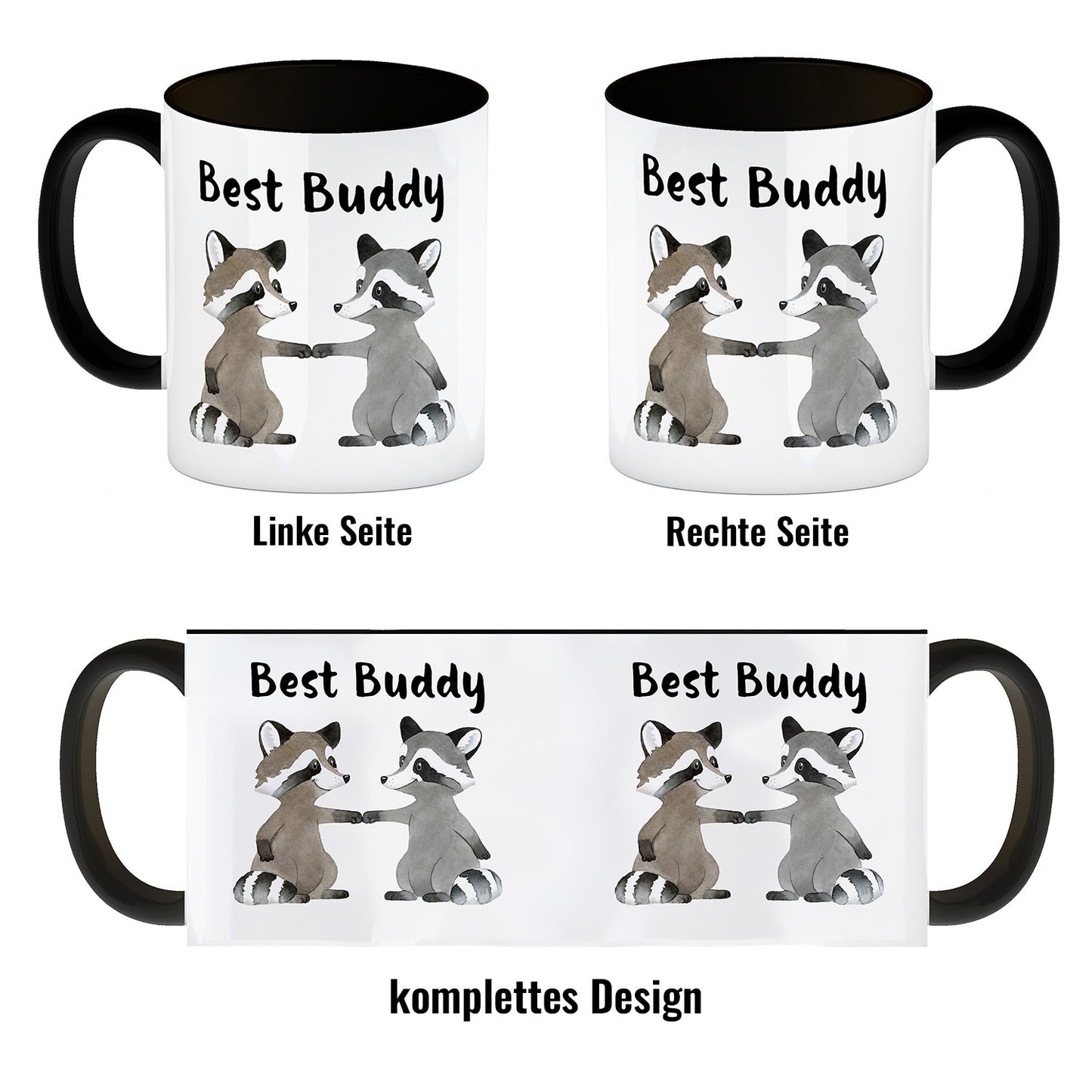 Waschbär Bruder und Kumpel Kaffeebecher in schwarz mit Spruch Best Buddy