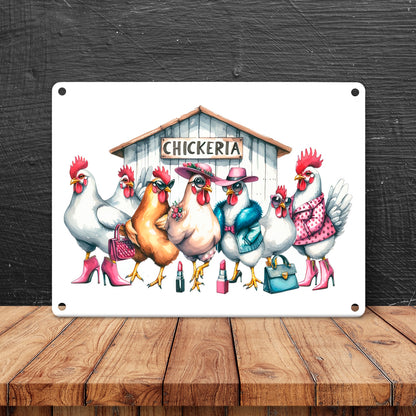 Modische Hühner am Hühnerstall Metallschild in 15x20 cm mit Spruch Chickeria