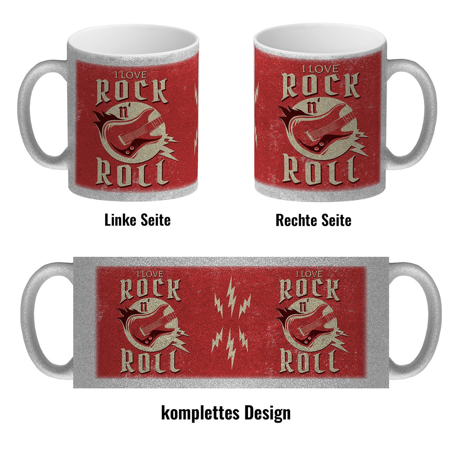 I Love Rock 'n' Roll Glitzer-Kaffeebecher mit Gitarren Motiv