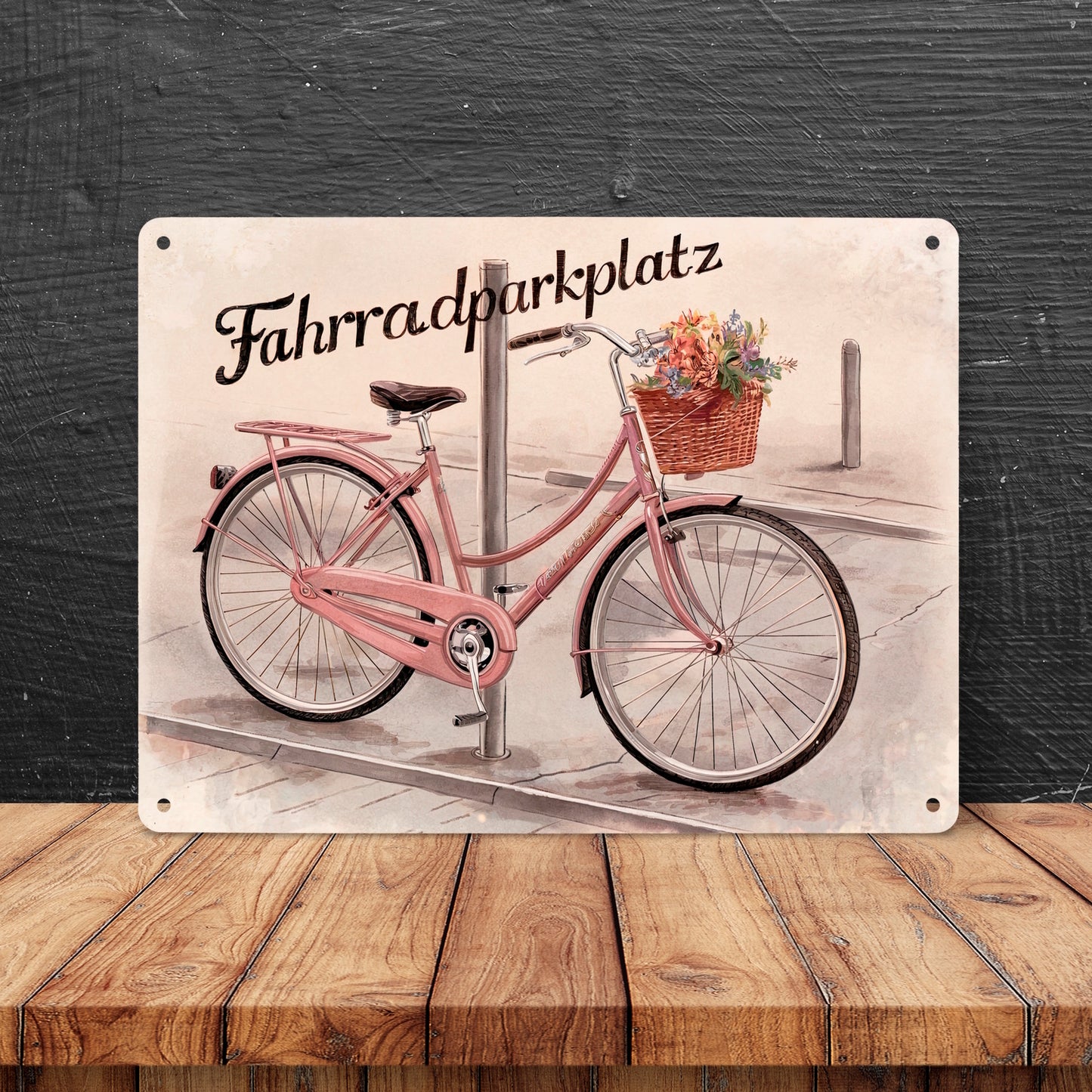 Fahrradparkplatz Metallschild XL in 21x28 cm mit rosa Drahtesel und Blumenkorb