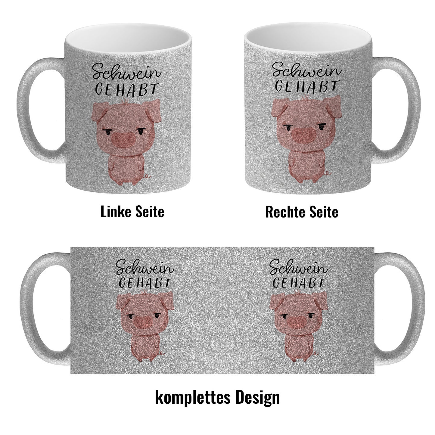 Ferkel Glitzer-Kaffeebecher mit Spruch Schwein gehabt