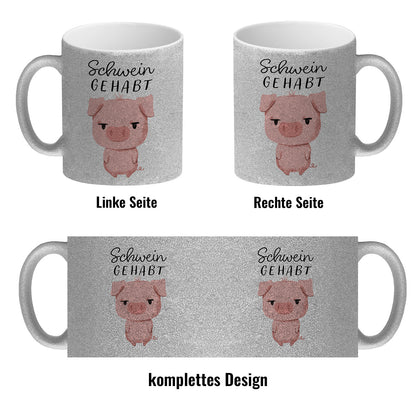 Ferkel Glitzer-Kaffeebecher mit Spruch Schwein gehabt