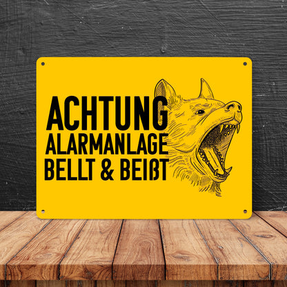 Achtung Alarmanlage bellt und beißt Metallschild XL in 21x28 cm mit Hunde Motiv