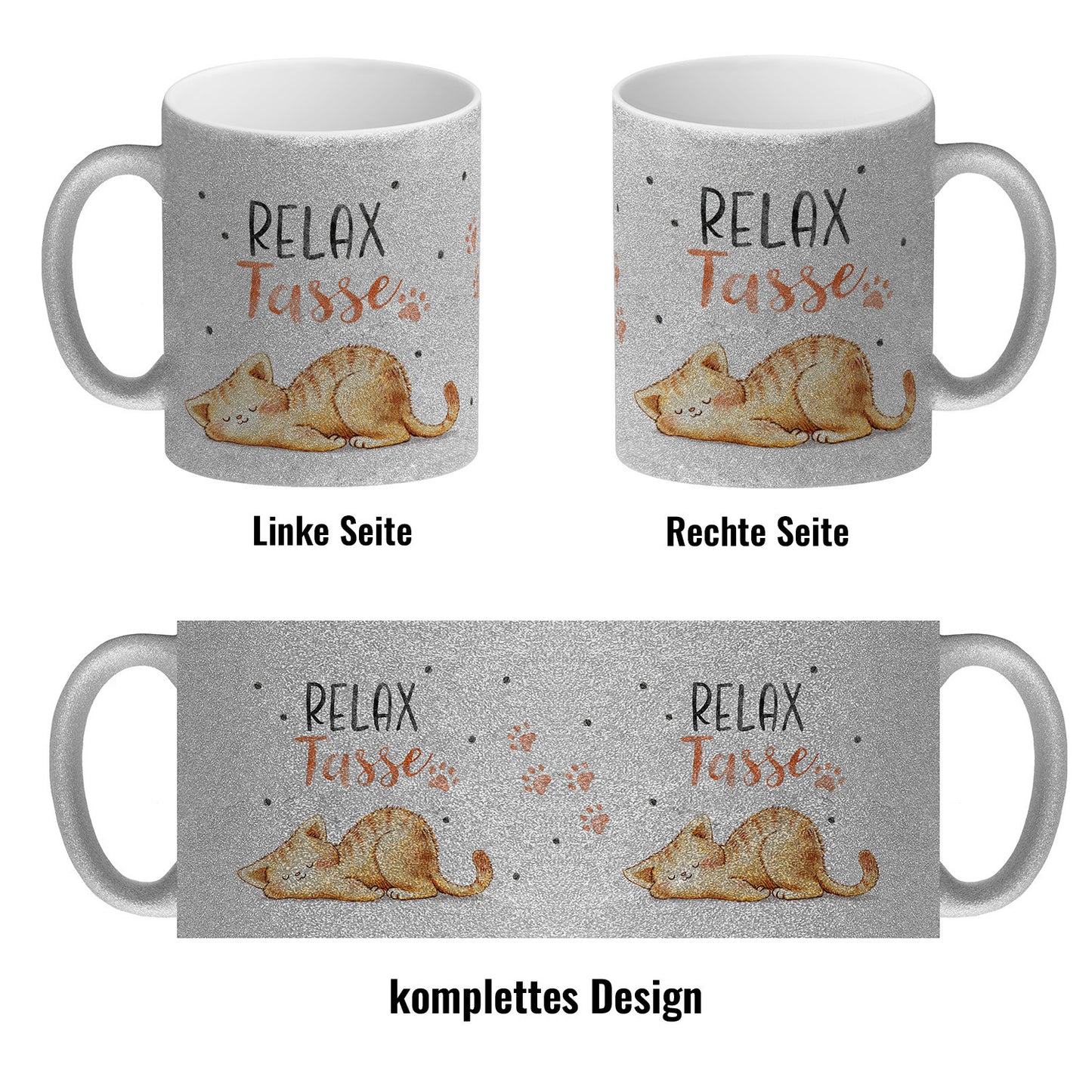 Relaxte Katze Glitzer-Kaffeebecher mit Spruch Relax Tasse