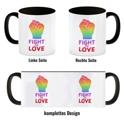 Fight for Love Kaffeebecher Schwarz mit Faust in Regenbogenfarben