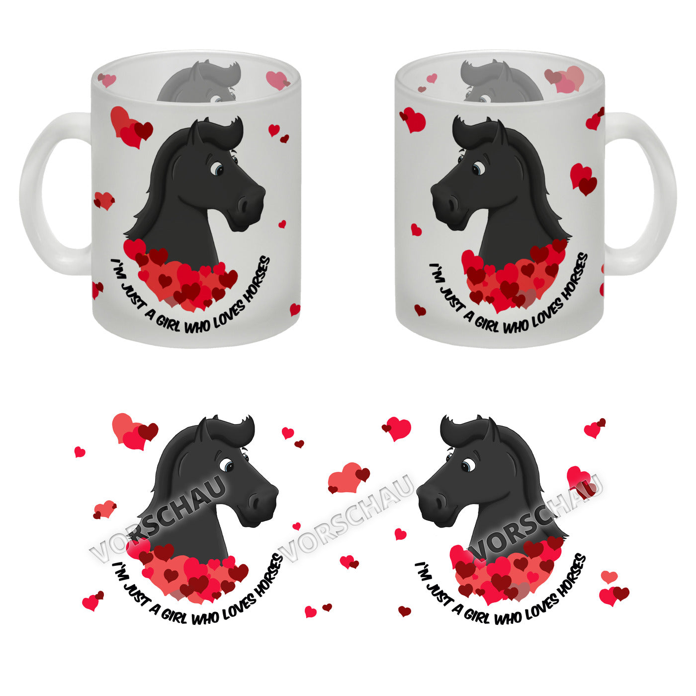 I'm just a girl who loves horses Glas Tasse mit schwarzes Pferd Motiv