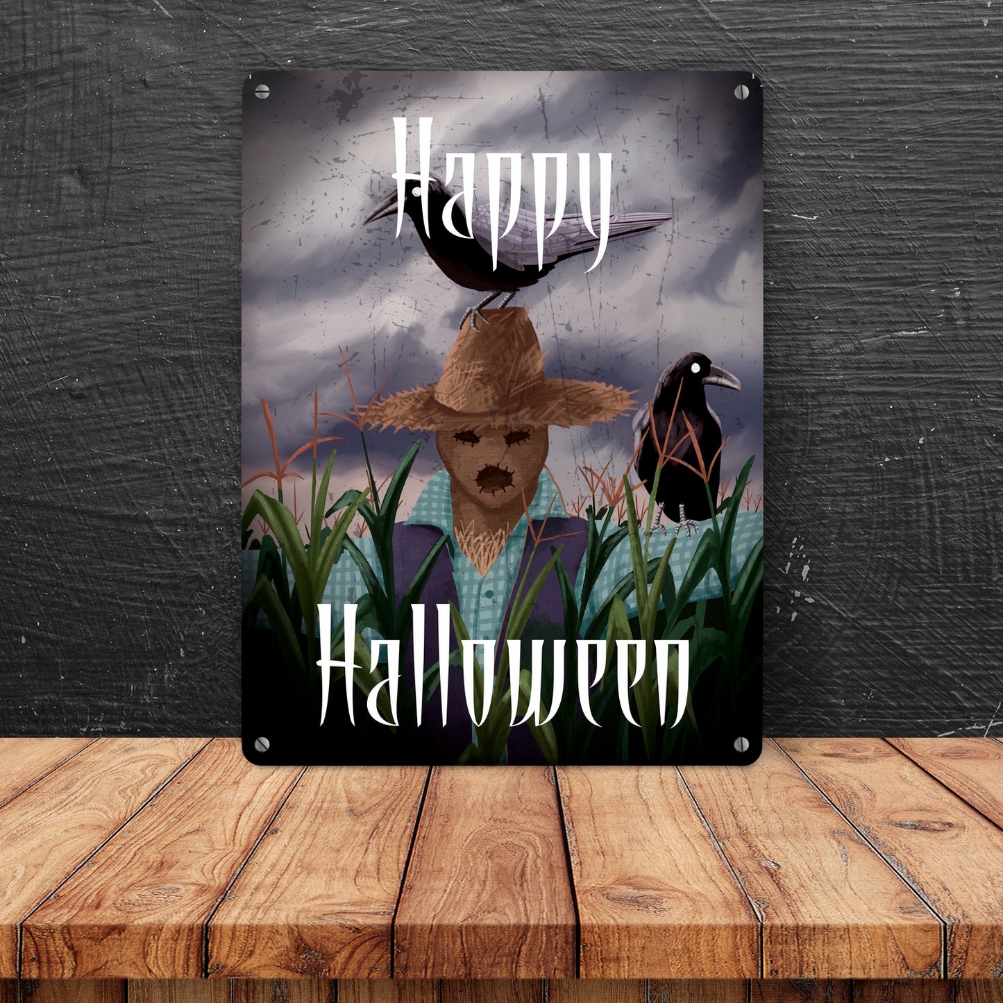 Metallschild in 15x20 cm mit gruseliger Vogelscheuche und Schriftzug - Happy Halloween