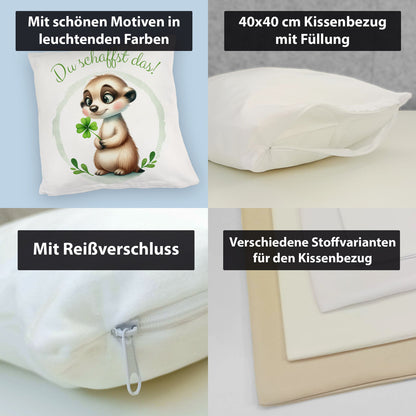 Erdmännchen mit Kleeblatt Kuschelkissen mit Spruch Du schaffst das