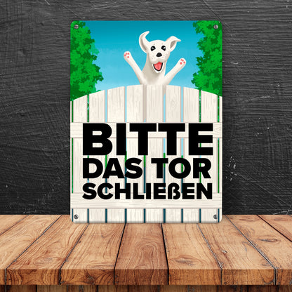 Bitte das Tor schließen Metallschild XL in 21x28 cm mit lustigem weißem Hund