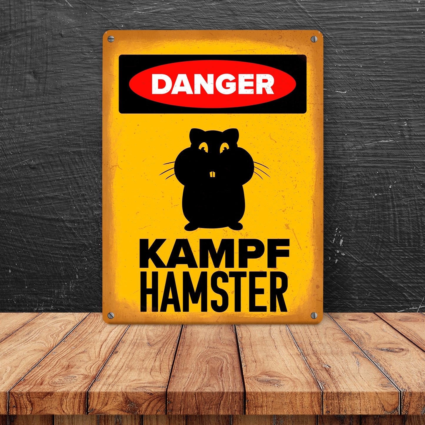 Danger Kampf Hamster Metallschild XL in 21x28 cm mit Hamster Silhouette