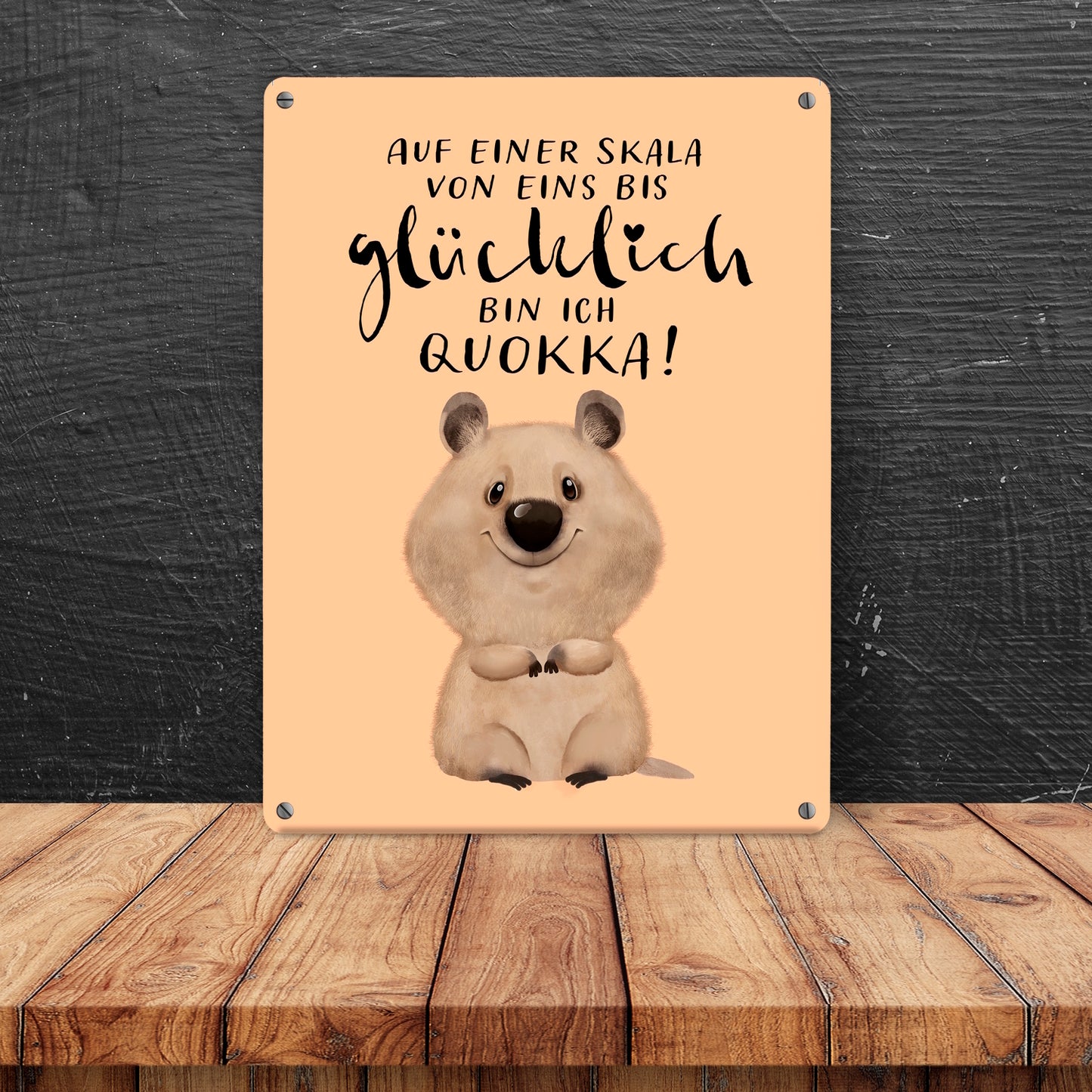 Quokka Metallschild XL in 21x28 cm mit Spruch Von eins bis glücklich