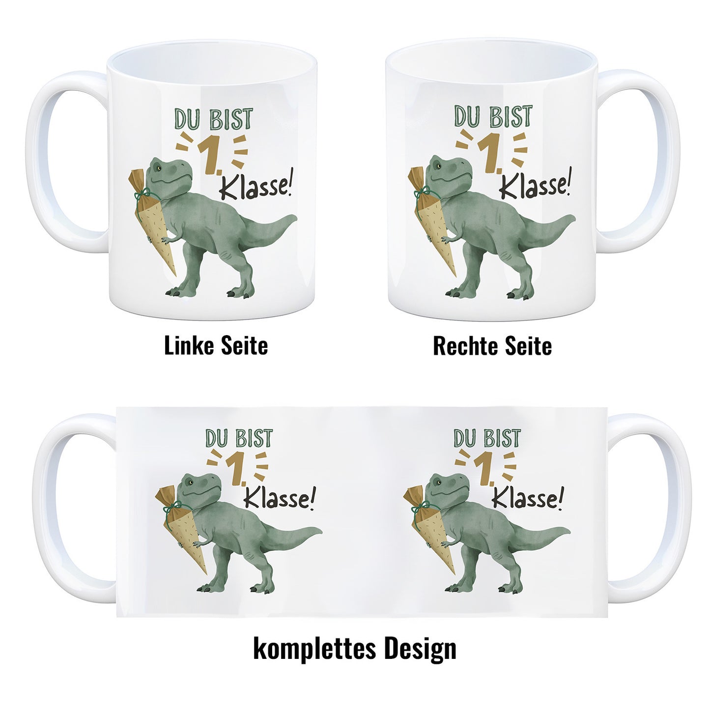 Dino mit Schultüte Kaffeebecher mit Spruch Du bist 1. Klasse!