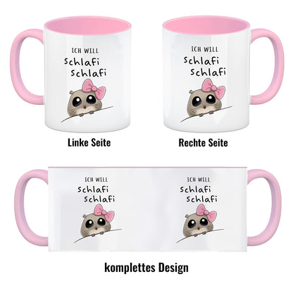 Meme Hamster Kaffeebecher in rosa mit Spruch Ich will Schlafi Schlafi