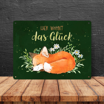 Fuchs Metallschild XL in 21x28 cm in grün mit Spruch Hier wohnt das Glück