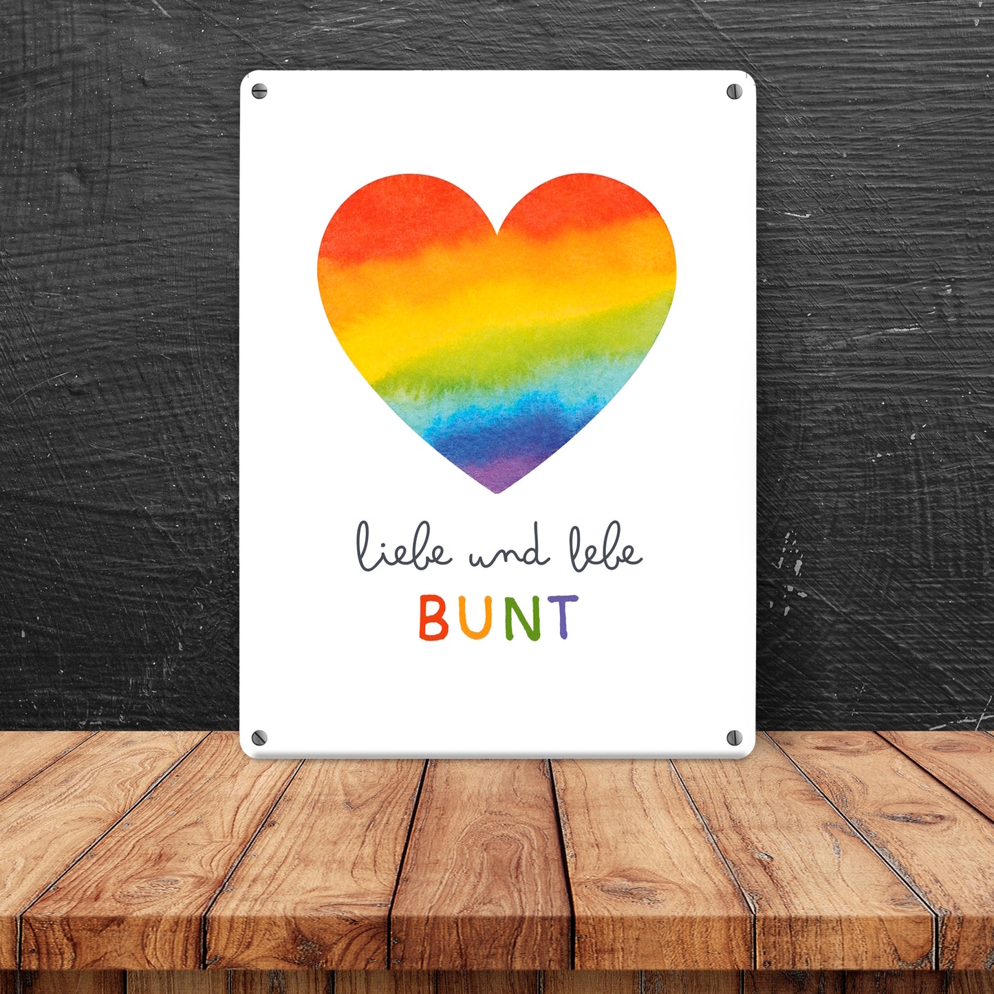 Regenbogenherz Metallschild XL in 21x28 cm mit Spruch Liebe und lebe bunt